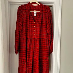 Loft Shimmer Plaid Tiered Pocket Dress Red Tartan Size Large Tall (LT) NWWT